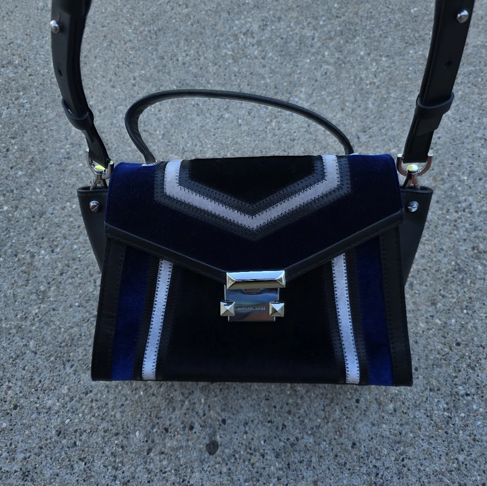 Michael Kors Stylish Black and Blue Velvet Original Leather Handbag Medium